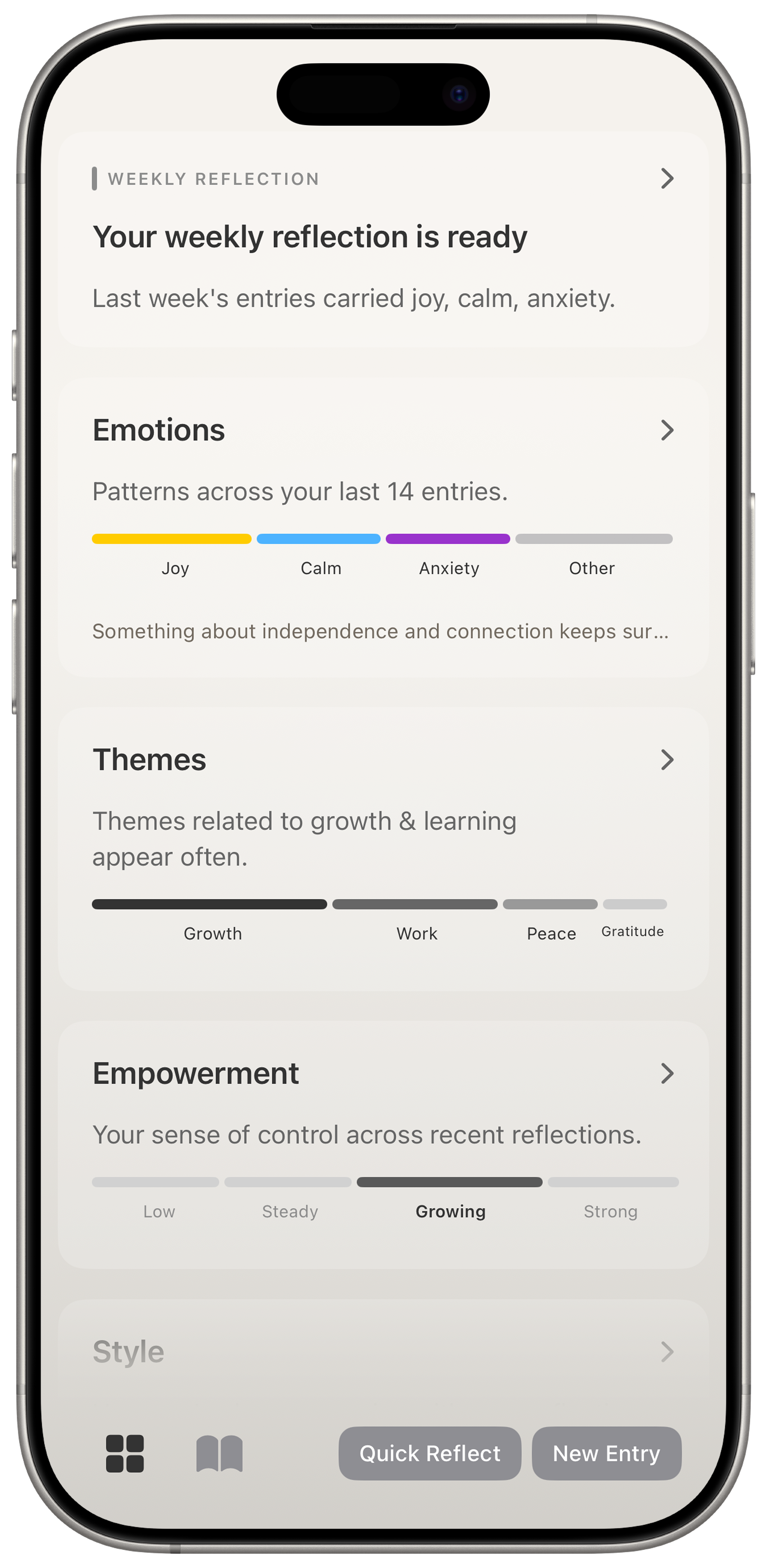 Within app weekly reflection and insights screen