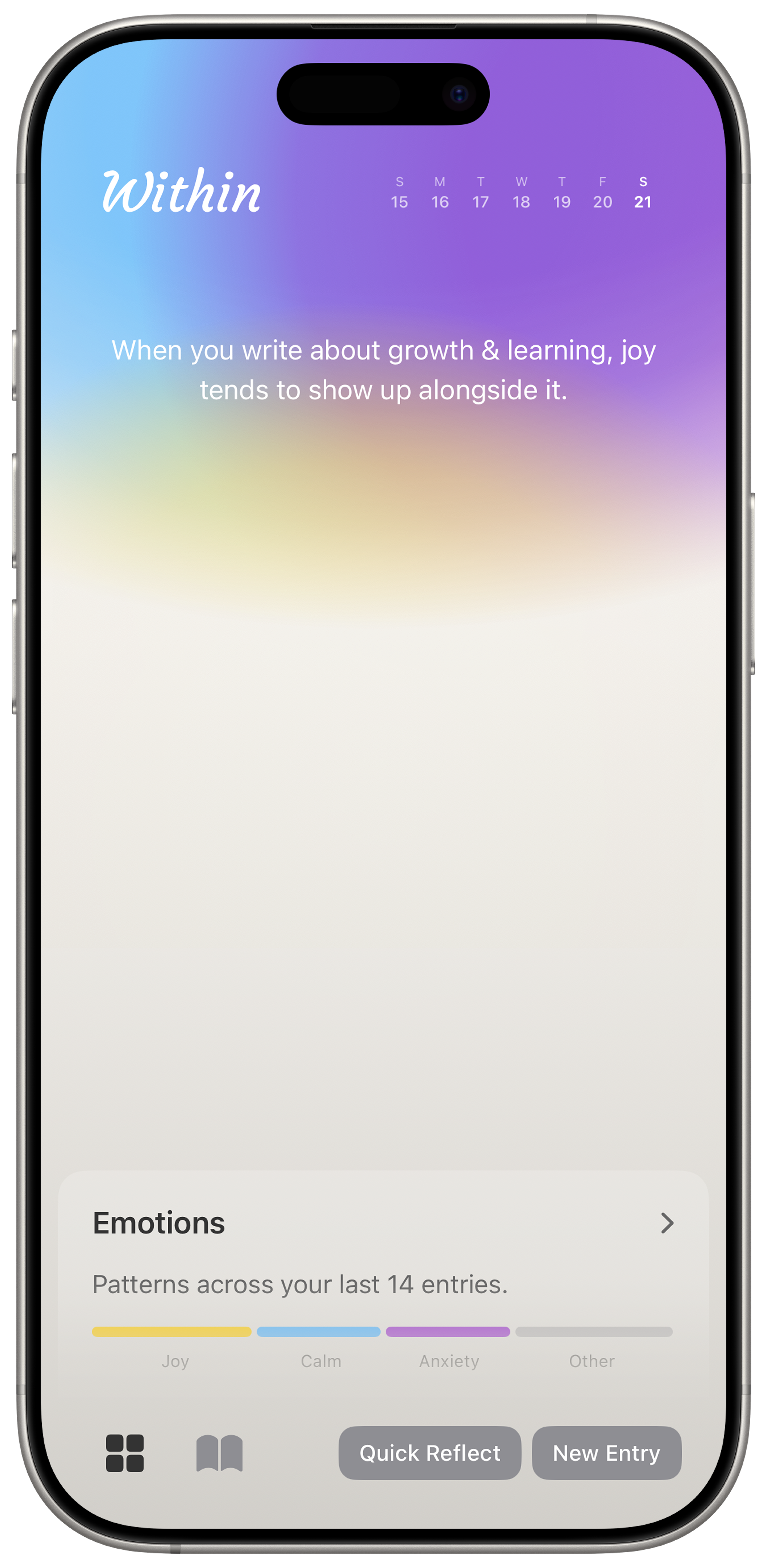 Within app screenshot showing emotional patterns and journaling insights