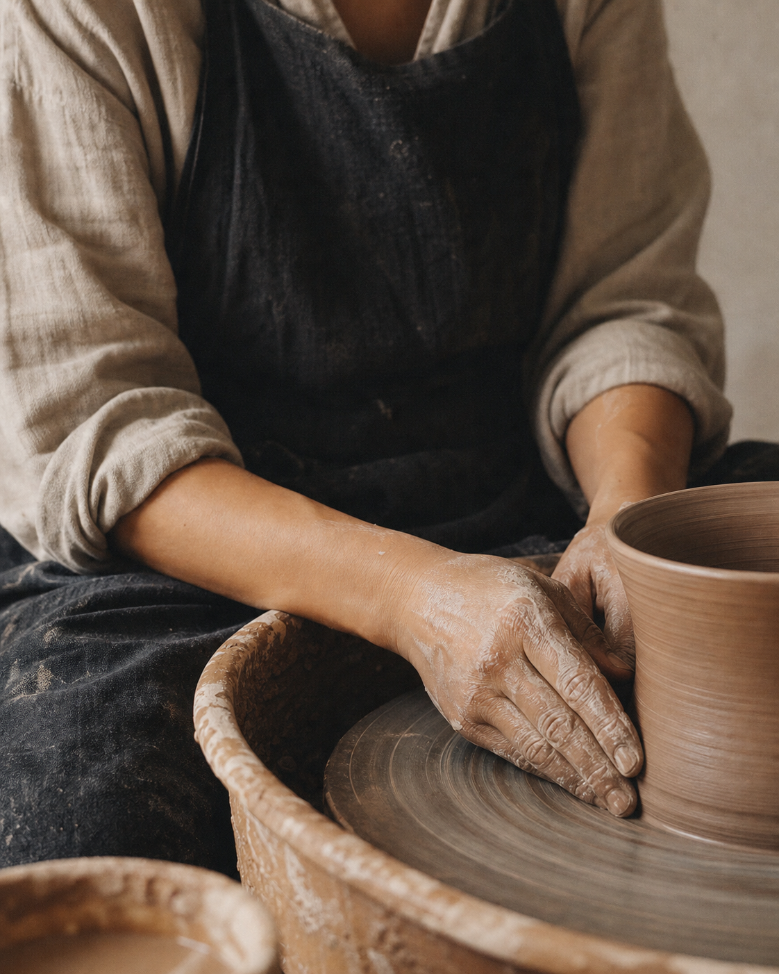 An artist shaping clay at a pottery wheel