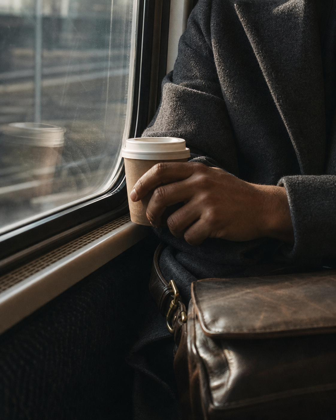 A commuter pausing by a train window