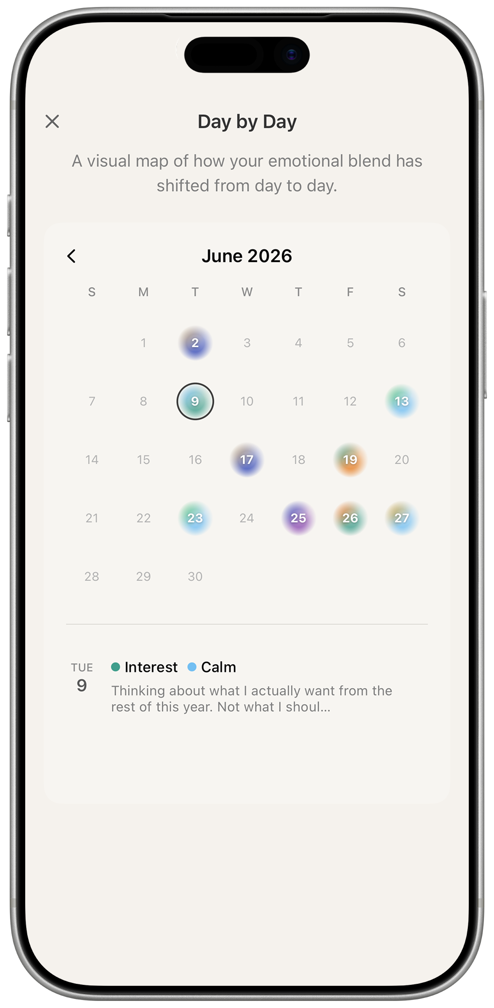 Within day-by-day emotional blend calendar